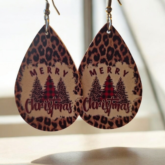 Vegan Leather Christmas Tree Earrings - Picture 2 of 4